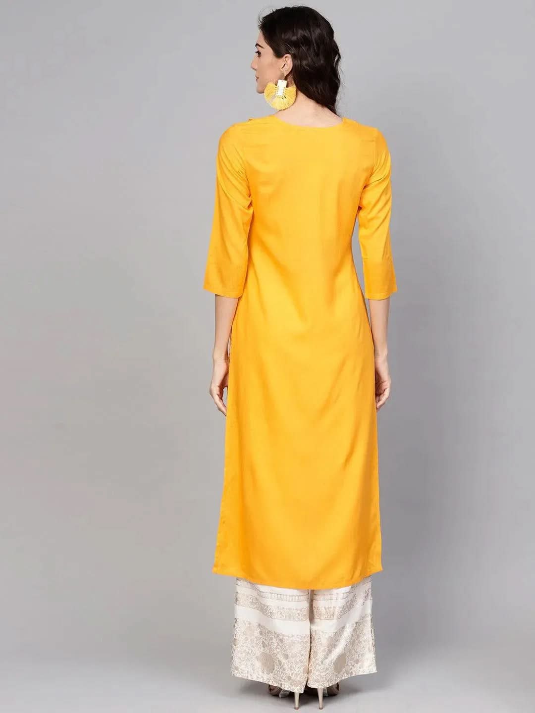 Yellow Embroidered Rayon Kurta - Libas