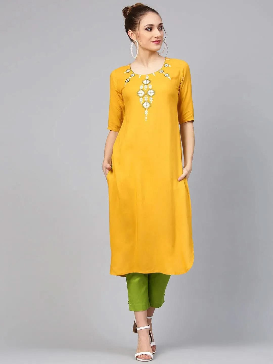 Yellow Embroidered Rayon Kurta Set - Libas