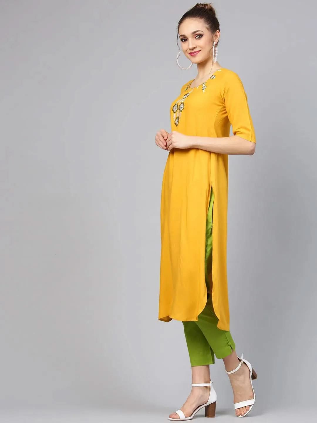 Yellow Embroidered Rayon Straight Kurta With Trousers
Yellow Embroidered Rayon Straight Kurta With Trousers