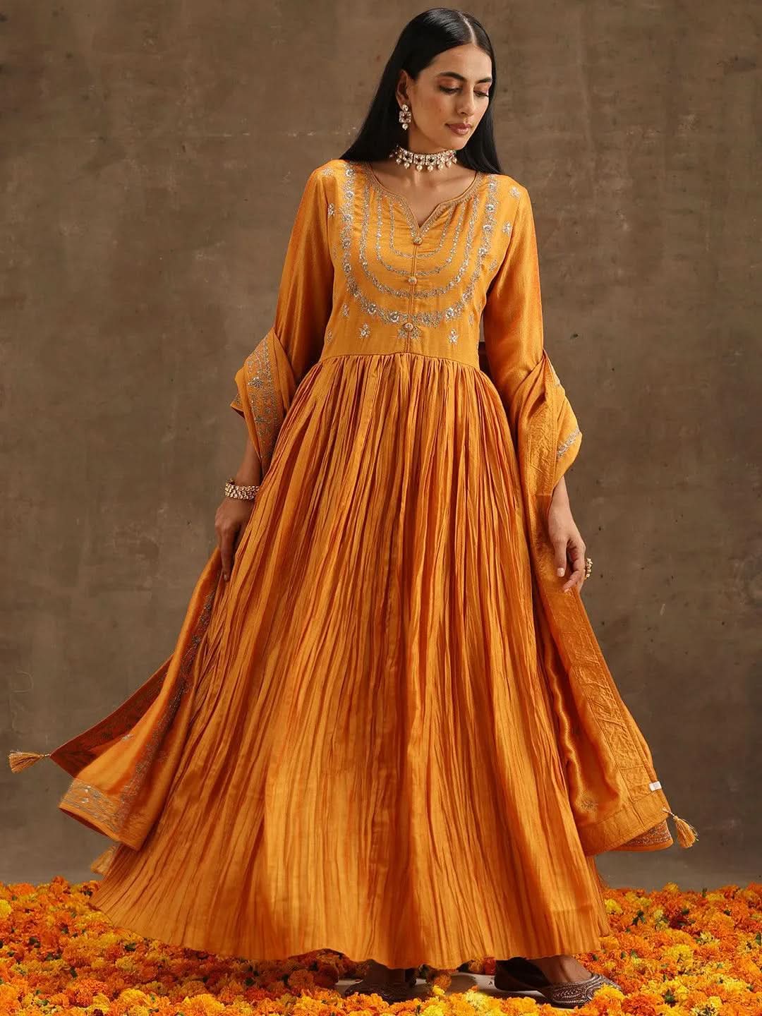 Yellow Embroidered Silk Blend Anarkali Kurta With Trousers & Dupatta 
Yellow Embroidered Silk Blend Anarkali Kurta With Trousers & Dupatta