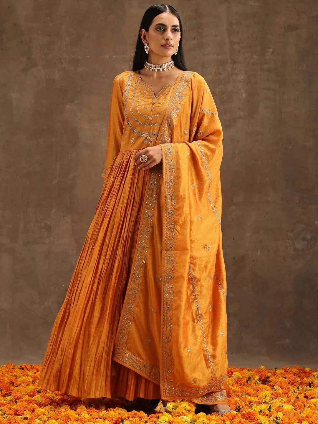 Yellow Embroidered Silk Blend Anarkali Suit Set With Trousers - Libas