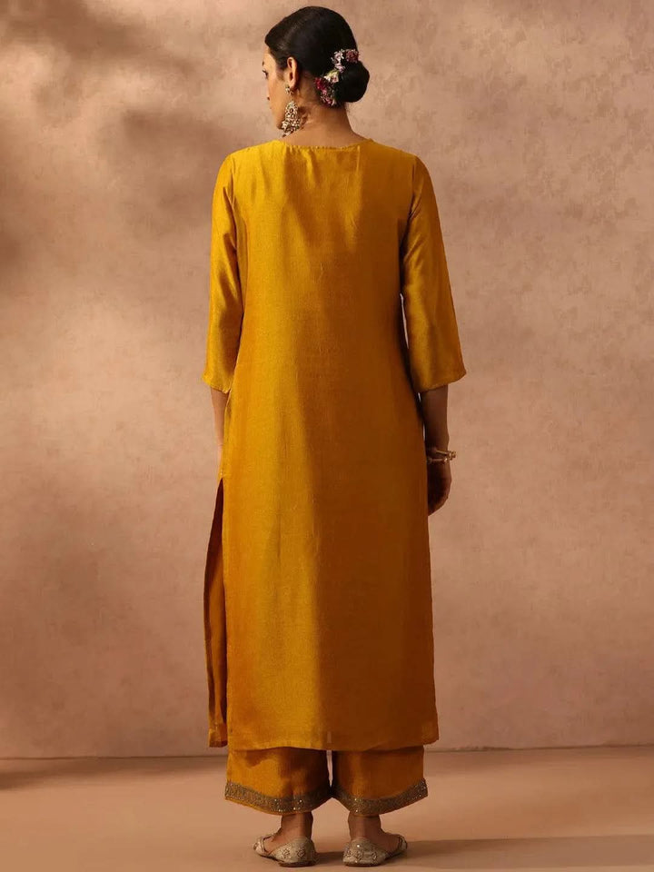 Yellow Embroidered Silk Straight Kurta - Libas