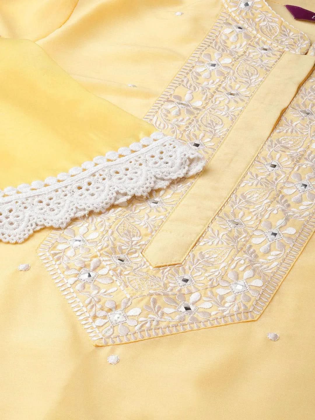 Yellow Embroidered Silk Kurta Set - Libas