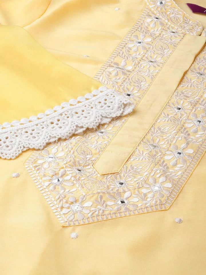 Yellow Embroidered Silk Kurta Set - Libas