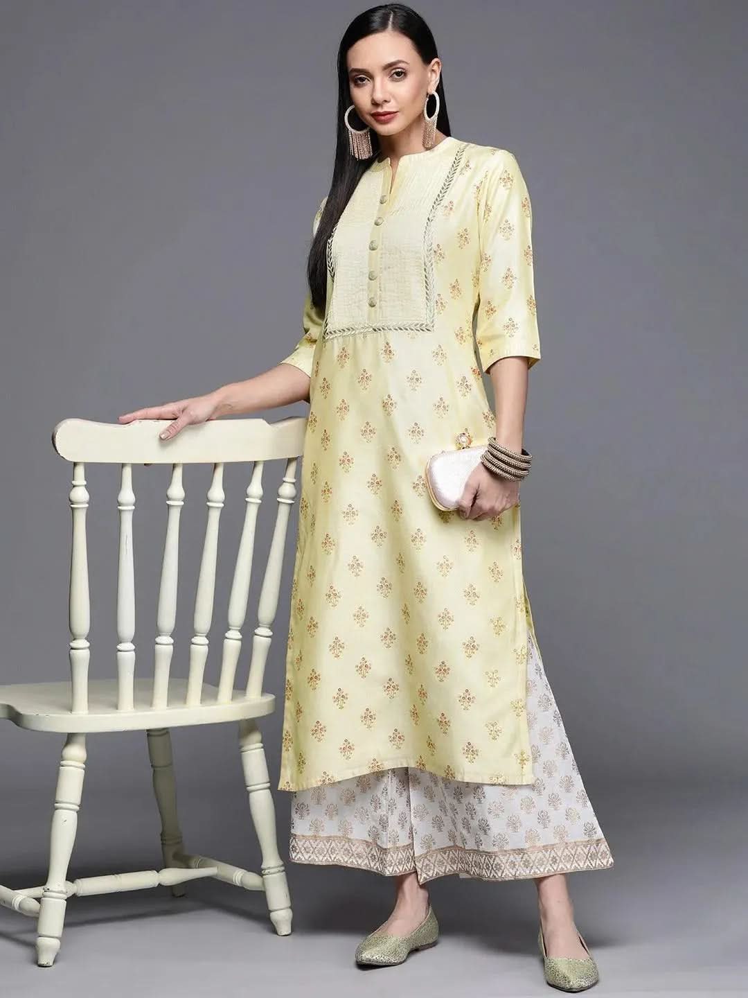 Yellow Printed Chanderi Silk Kurta - Libas