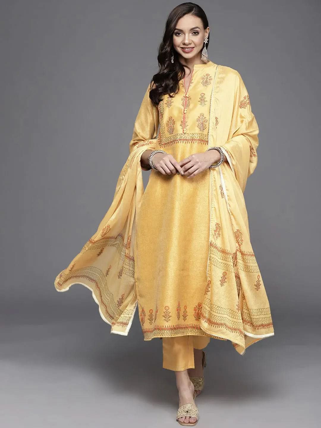 Yellow Printed Chanderi Silk Suit Set - Libas