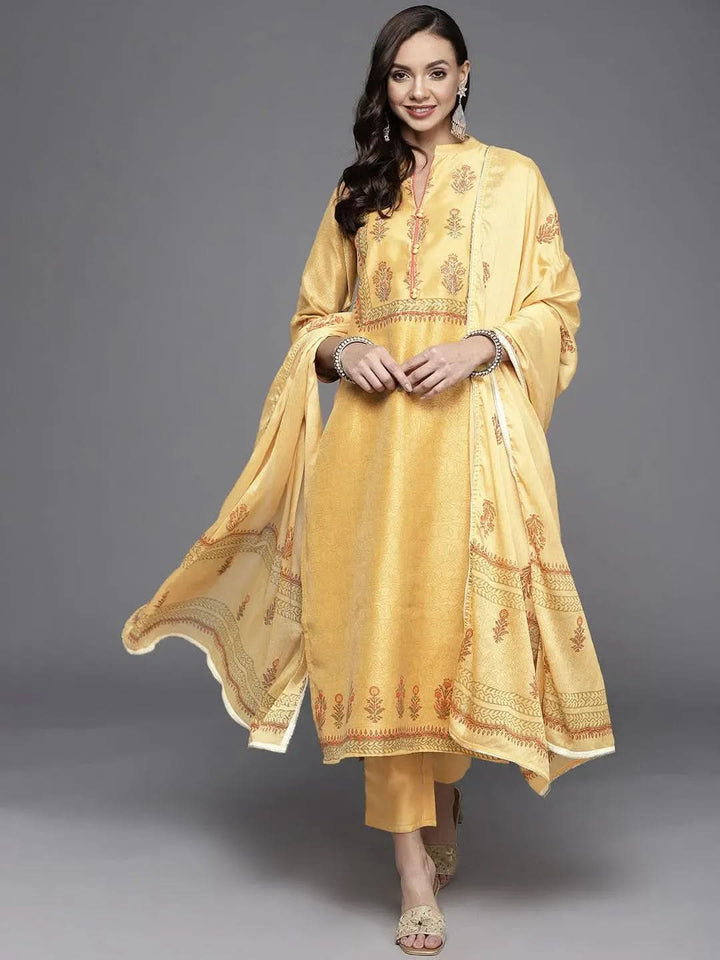 Yellow Printed Chanderi Silk Suit Set - Libas