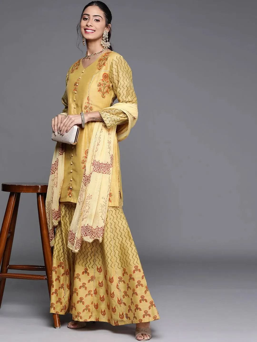 Yellow Printed Chanderi Silk Straight Kurta With Sharara & Dupatta 
Yellow Printed Chanderi Silk Straight Kurta With Sharara & Dupatta