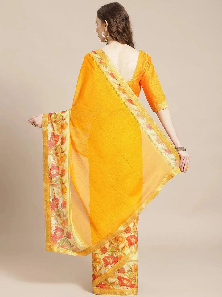 Yellow Printed Chiffon Saree - Libas
