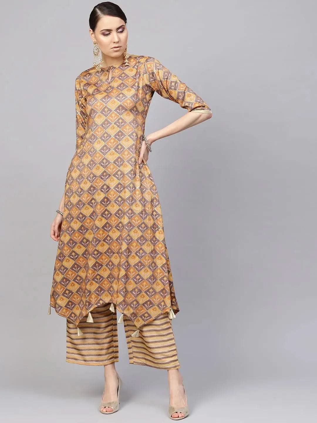 Yellow Printed Cotton Blend Kurta Set - Libas