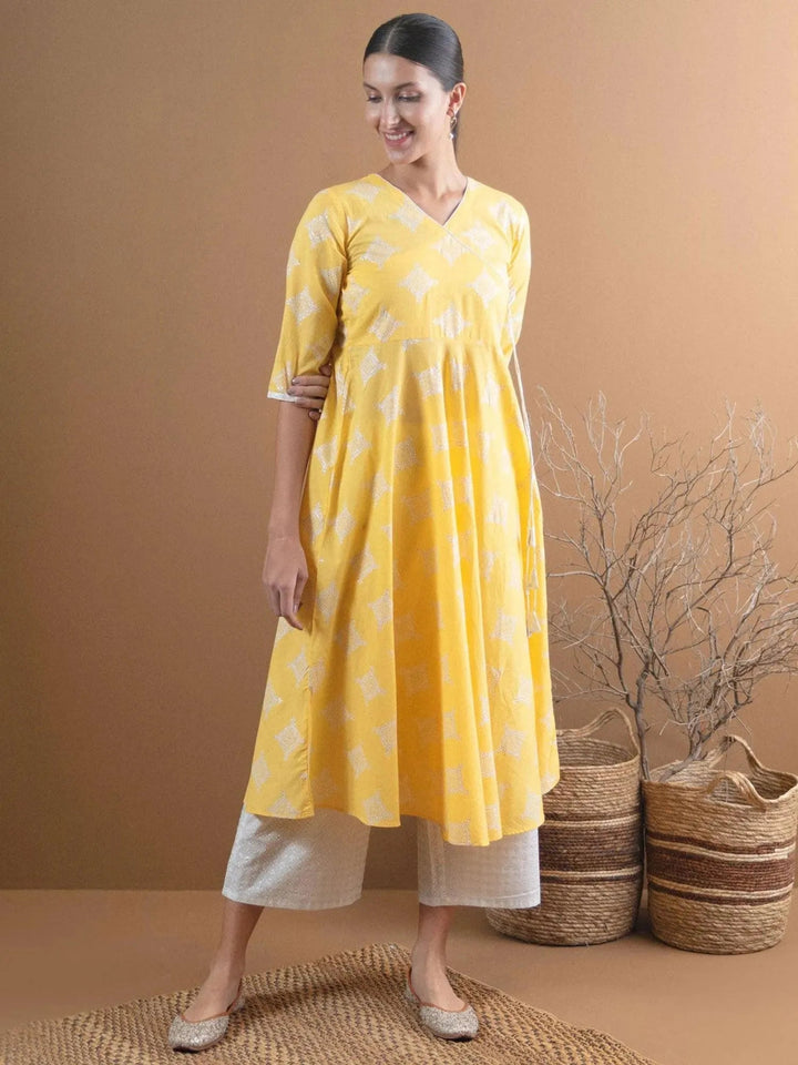 Yellow Printed Cotton Kurta Set - Libas
