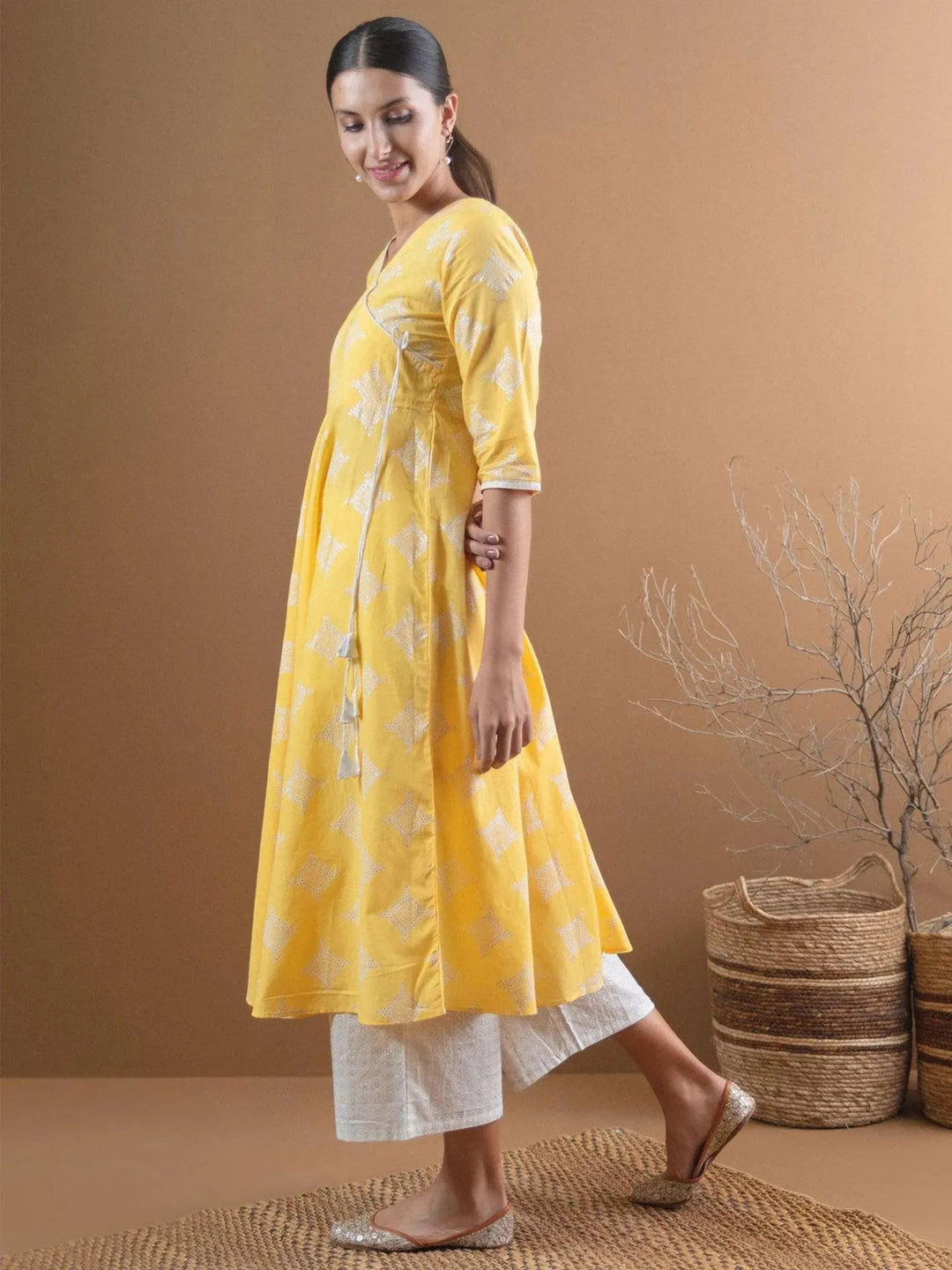 Yellow Printed Cotton Kurta Set - Libas