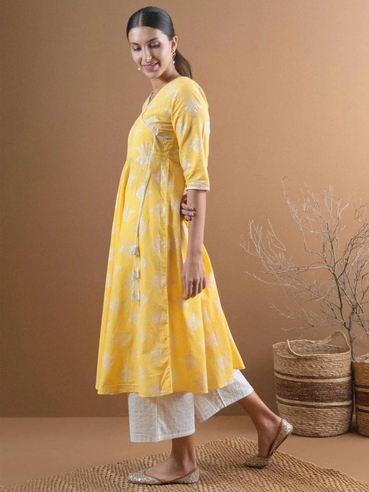 Yellow Printed Cotton Kurta Set - Libas