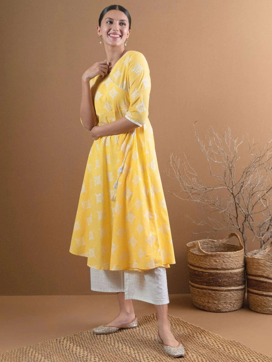 Yellow Printed Cotton Kurta Set - Libas