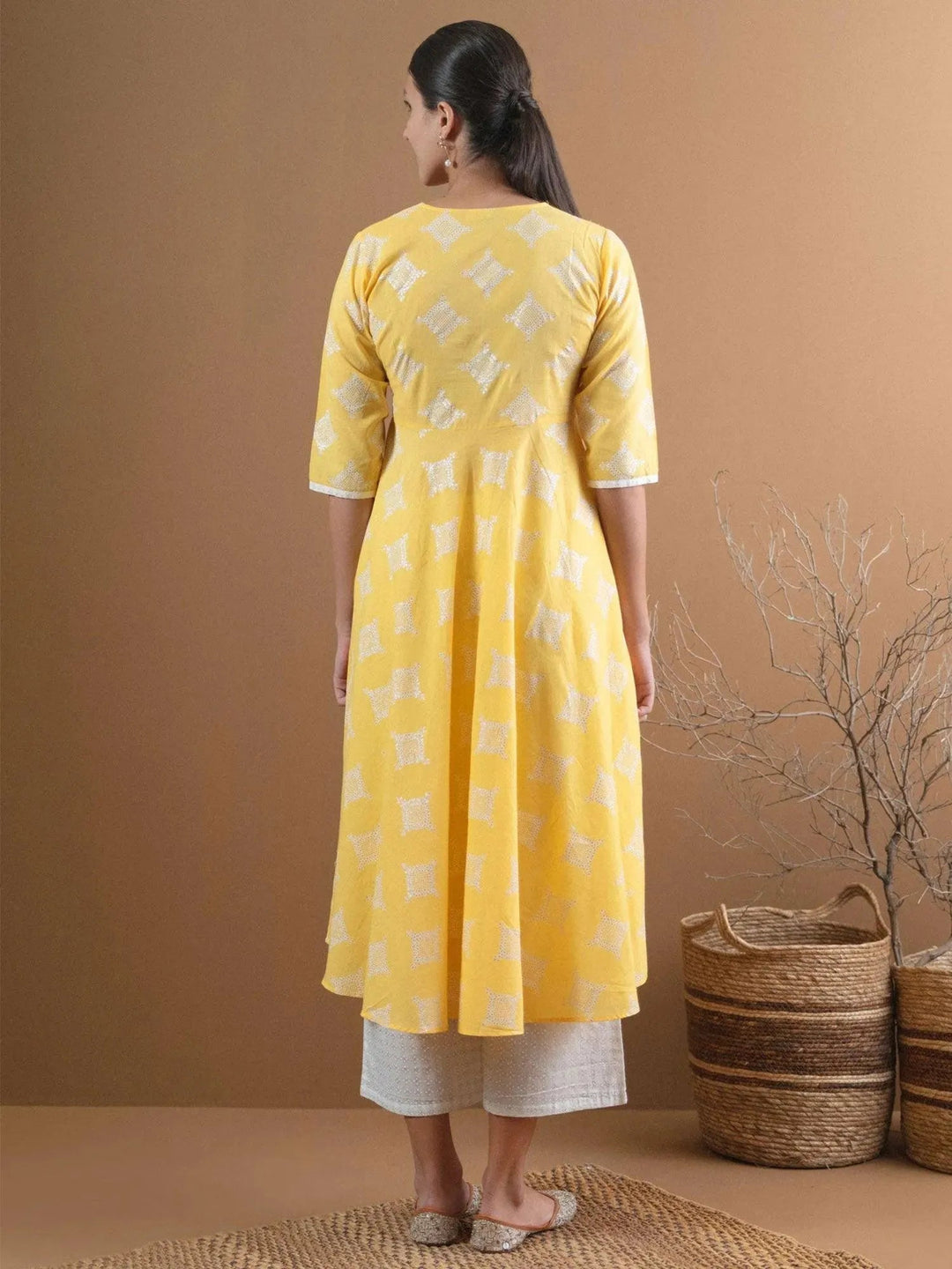 Yellow Printed Cotton Kurta Set - Libas
