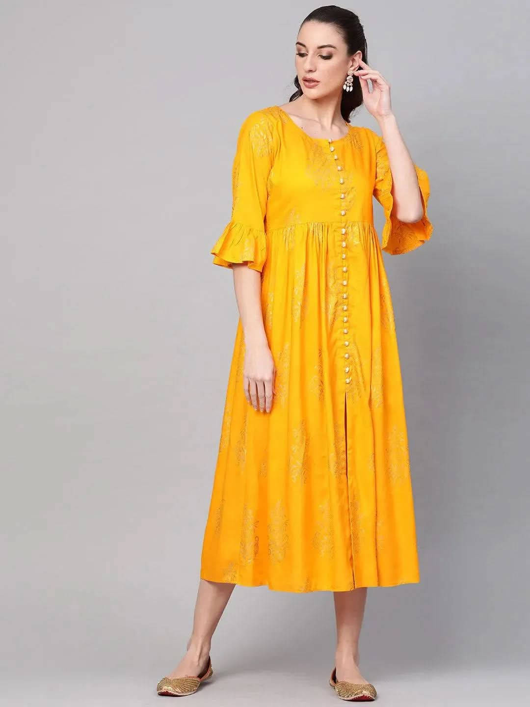 Yellow Printed Cotton Dress - Libas