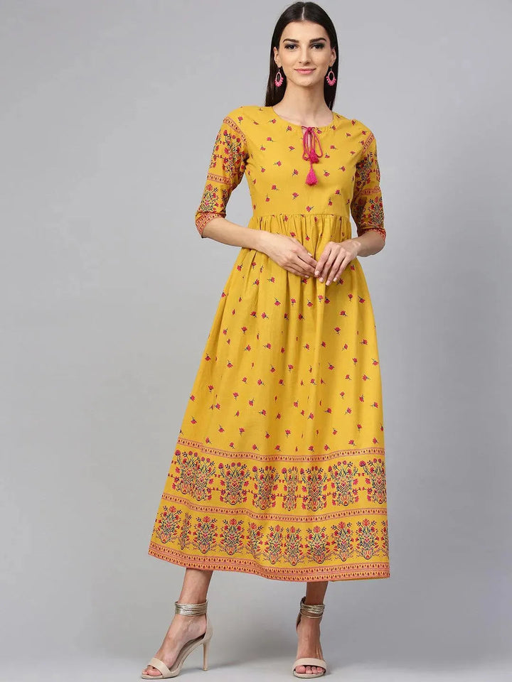 Yellow Printed Cotton Dress - Libas