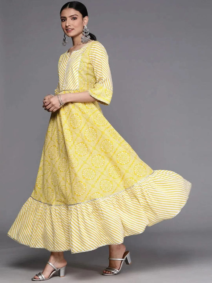 Yellow Printed Cotton Dress - Libas