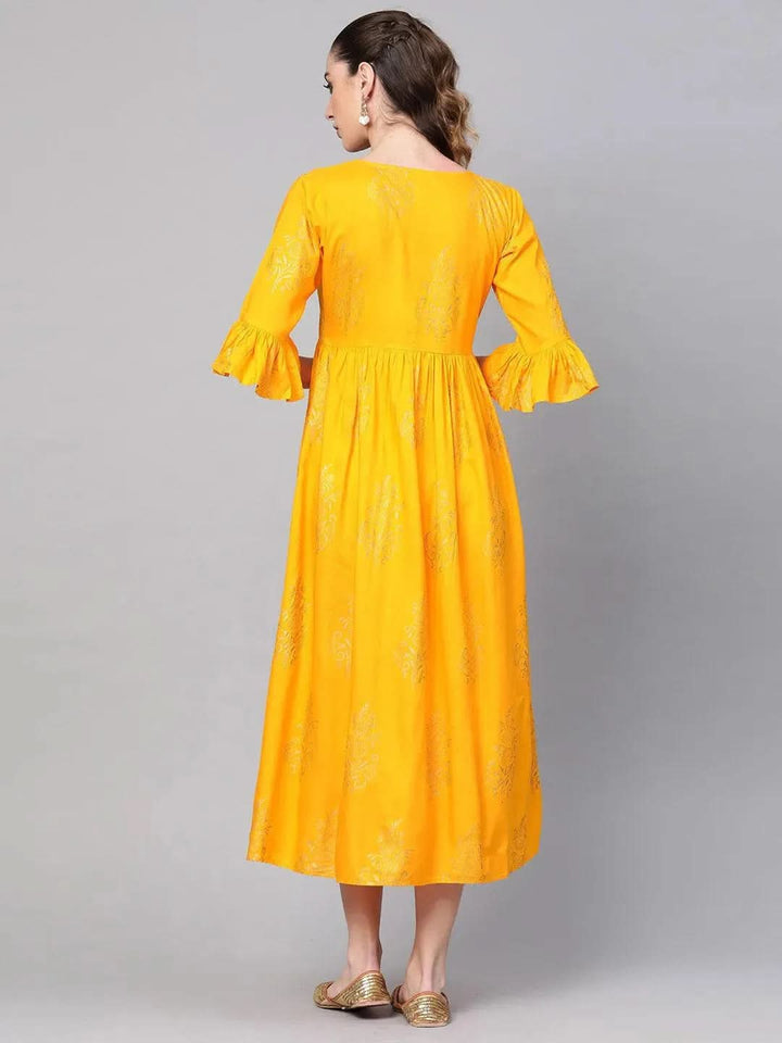 Yellow Printed Cotton Dress - Libas