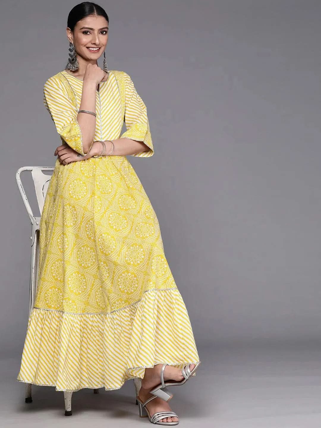 Yellow Printed Cotton Dress - Libas
