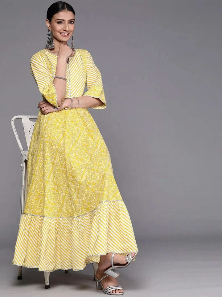 Yellow Printed Cotton Dress - Libas