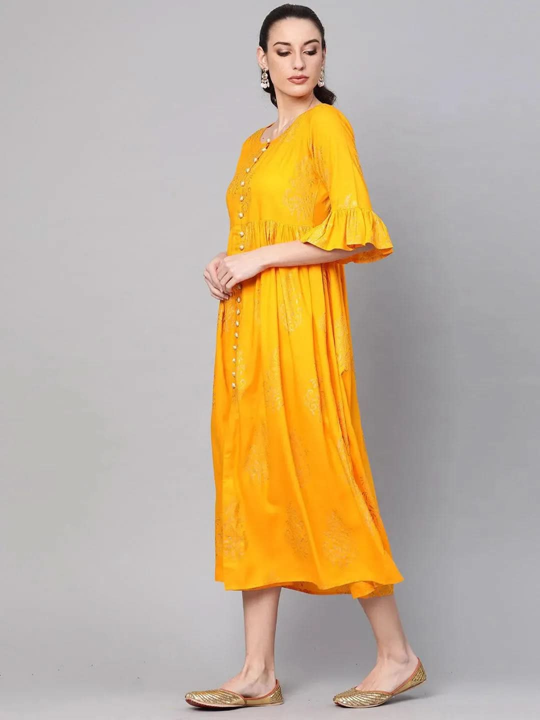 Yellow Printed Cotton Dress - Libas