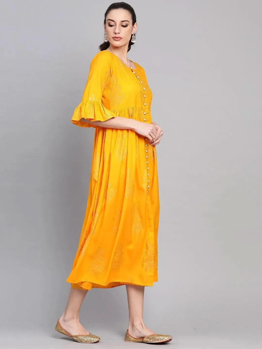 Yellow Printed Cotton Dress - Libas