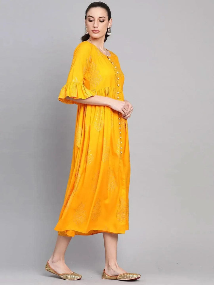 Yellow Printed Cotton Dress - Libas