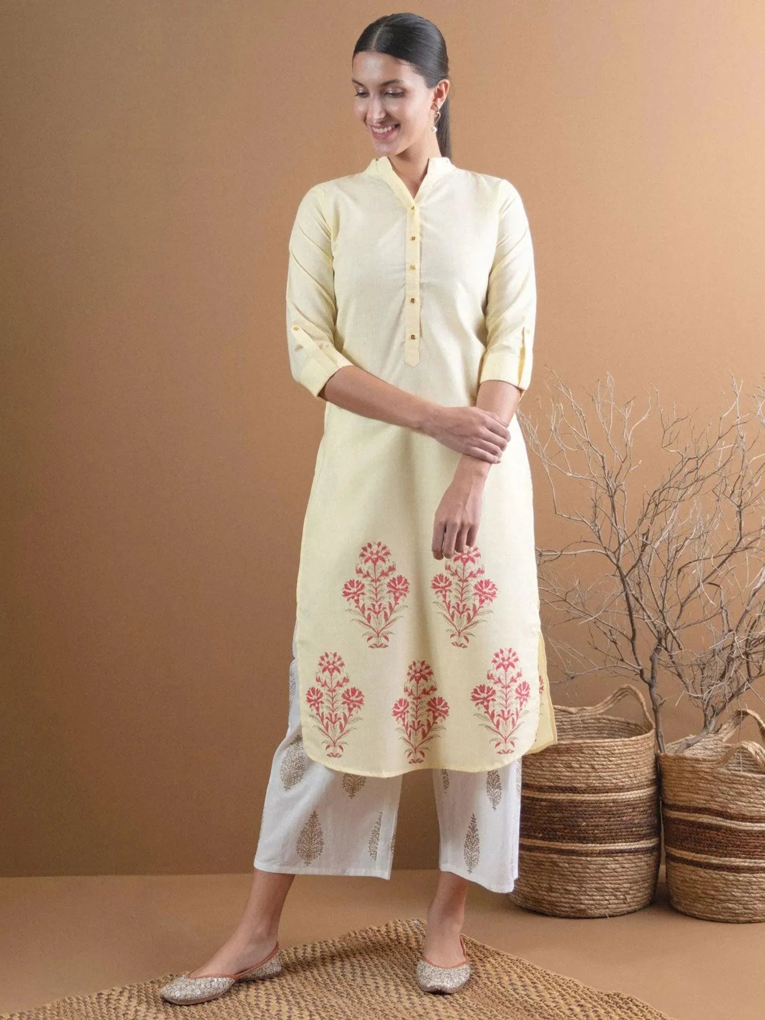 Yellow Printed Cotton Kurta Online at Rs.664 | Libas