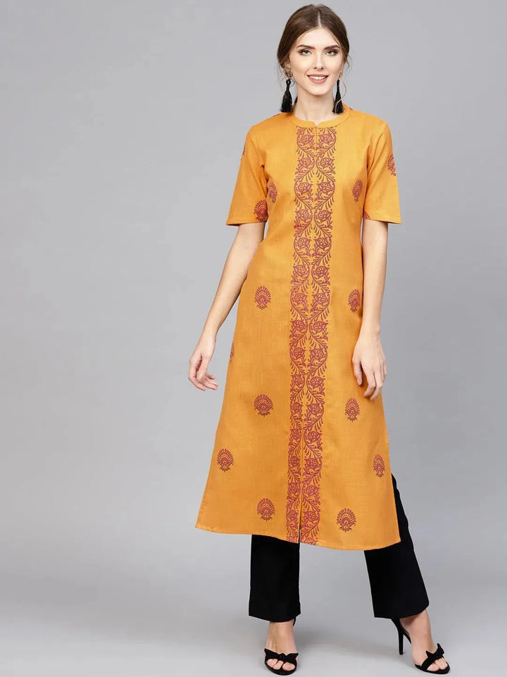Yellow Printed Cotton Kurta - Libas