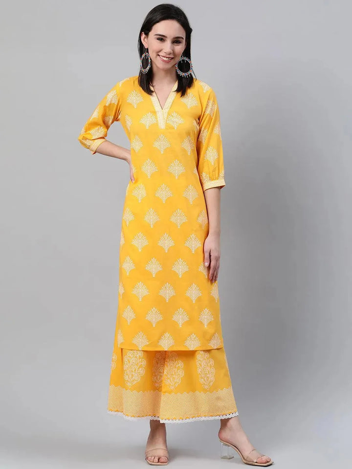 Yellow Printed Cotton Kurta - Libas