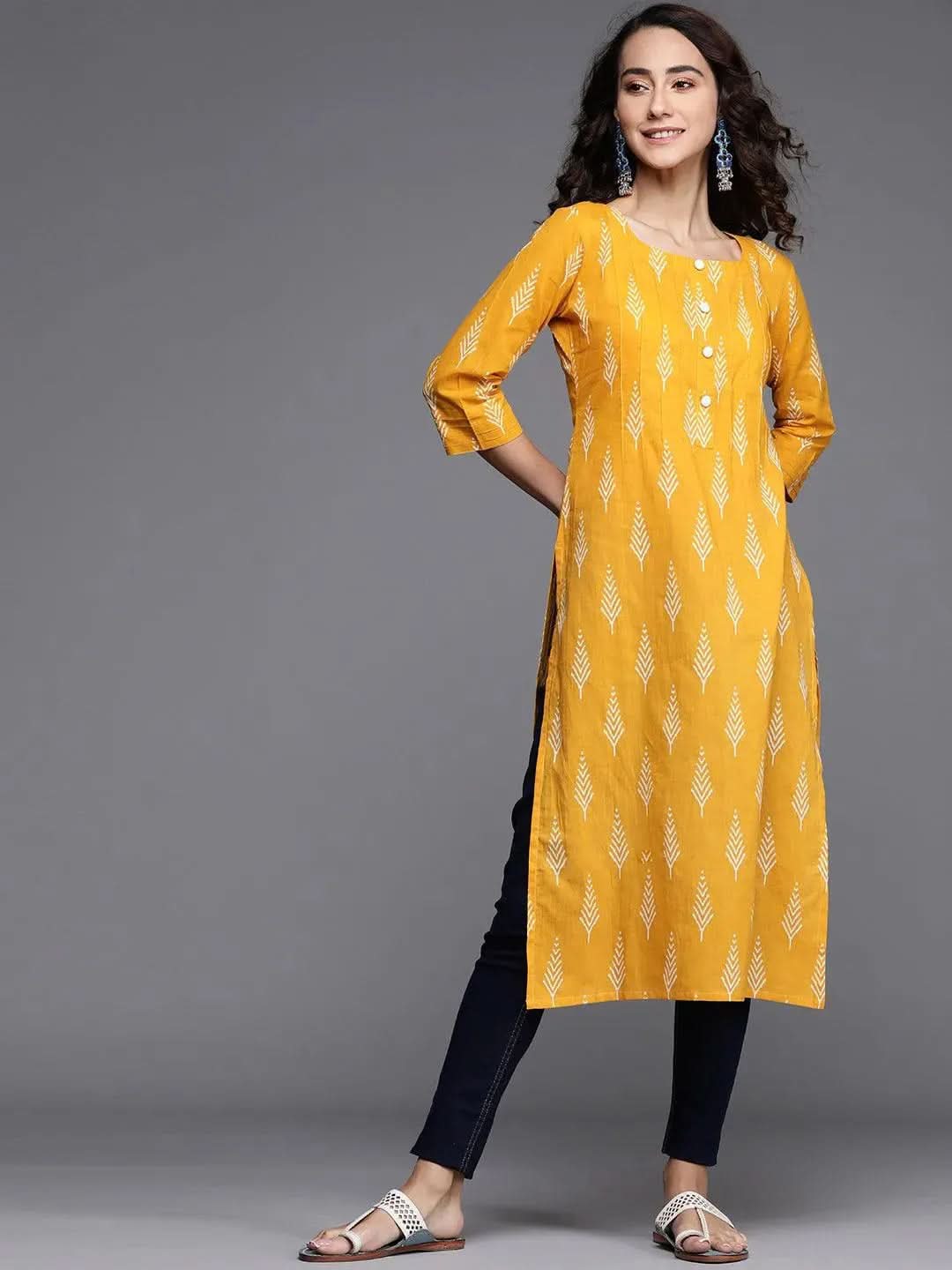 Yellow Printed Cotton Kurta - Libas