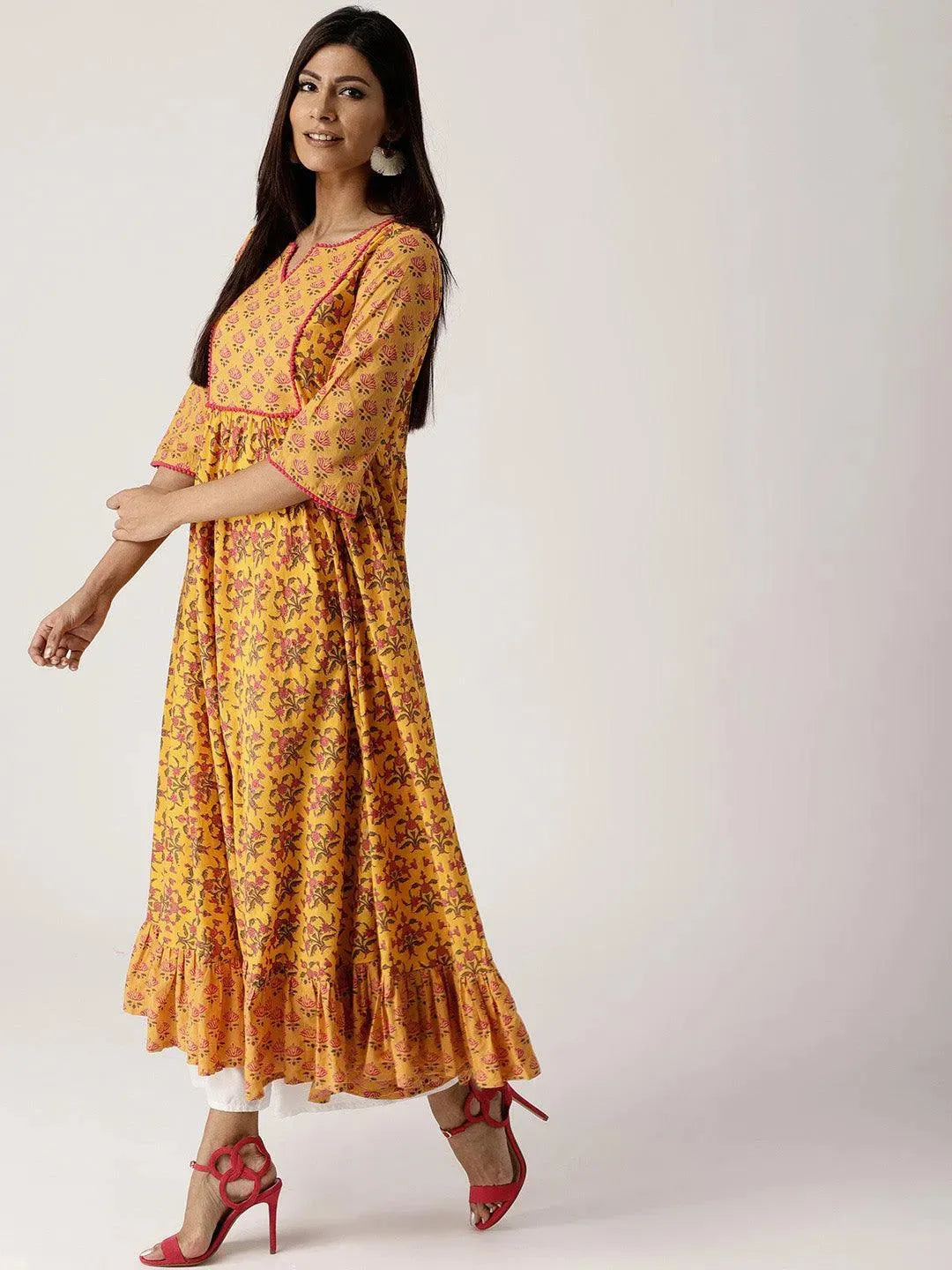 Yellow Printed Cotton Kurta - Libas