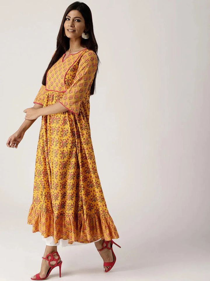 Yellow Printed Cotton Kurta - Libas