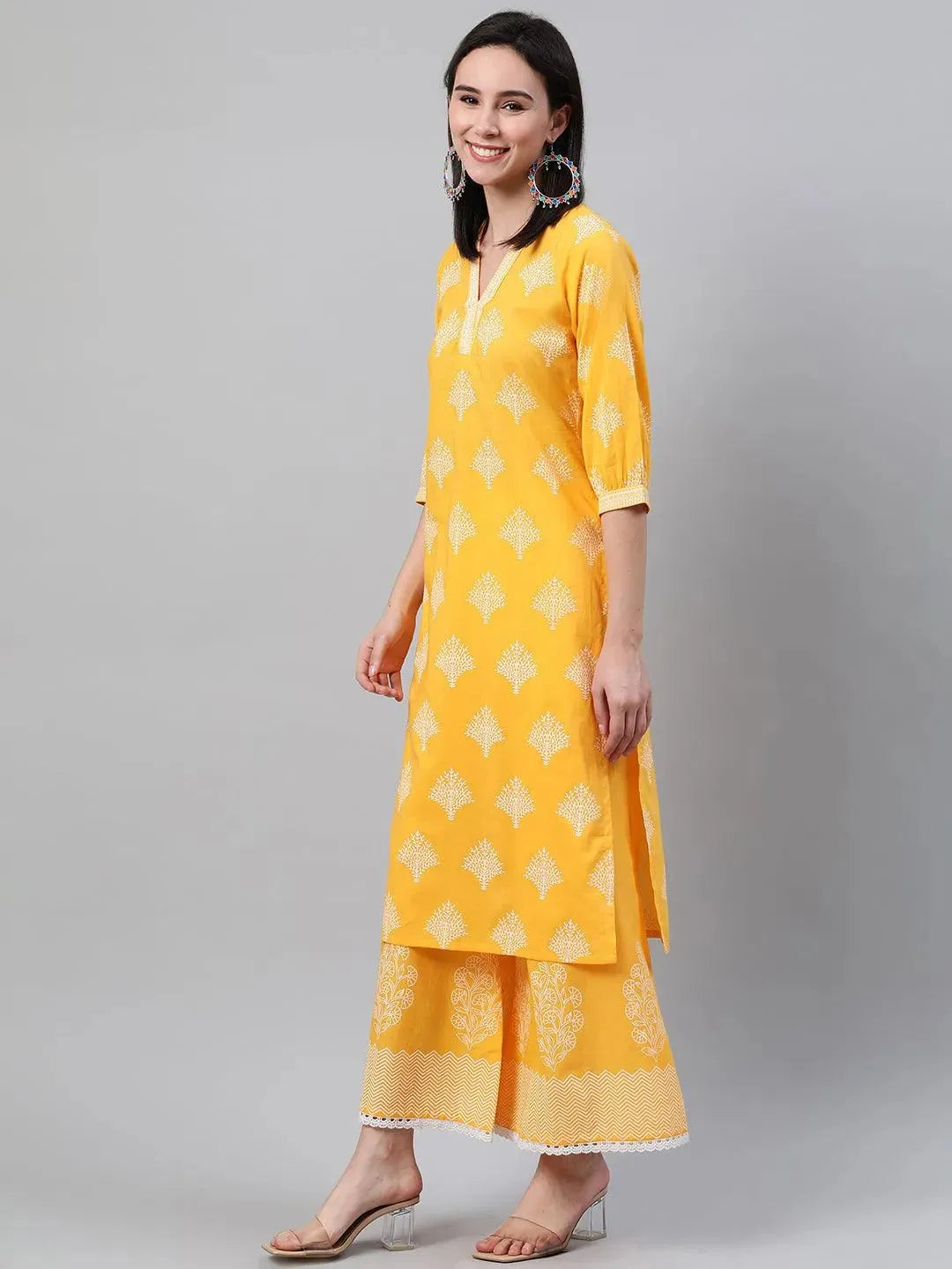 Yellow Printed Cotton Kurta - Libas