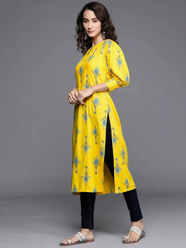 Yellow Printed Cotton Kurta - Libas