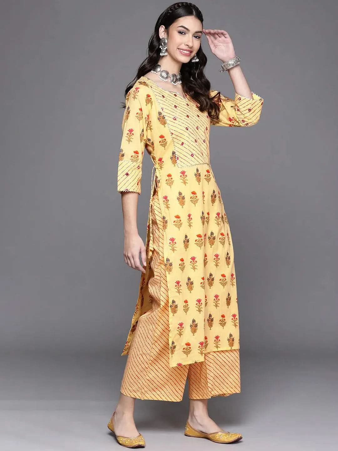 Yellow Printed Cotton Kurta - Libas