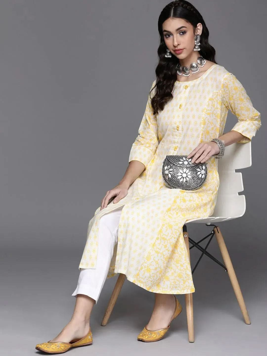 Yellow Printed Cotton Kurta - Libas