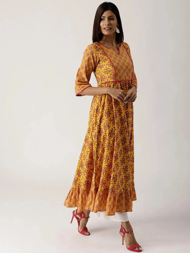 Yellow Printed Cotton Kurta - Libas