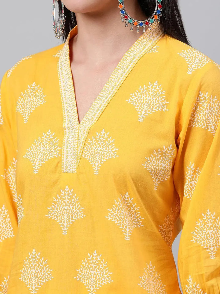 Yellow Printed Cotton Kurta - Libas