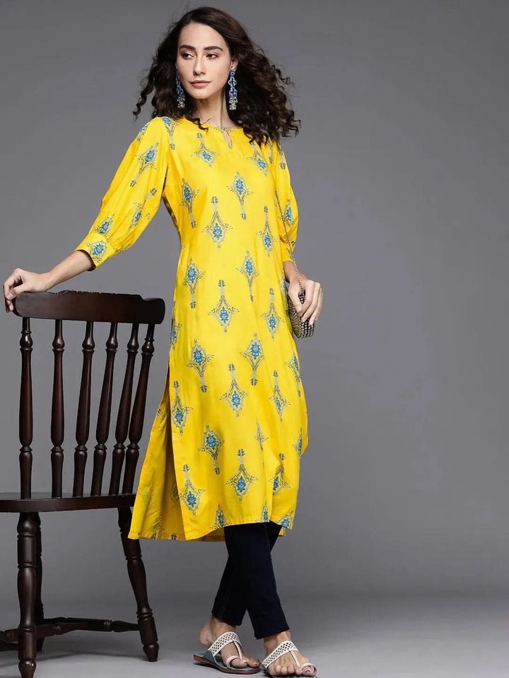 Yellow Printed Cotton Kurta - Libas