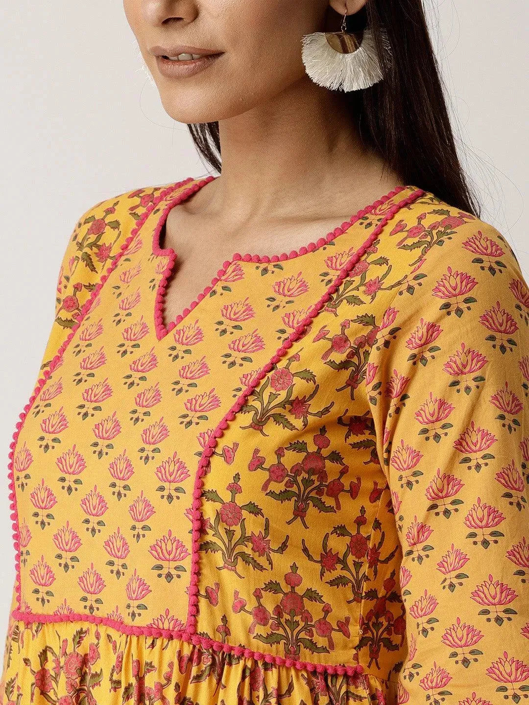 Yellow Printed Cotton Kurta - Libas
