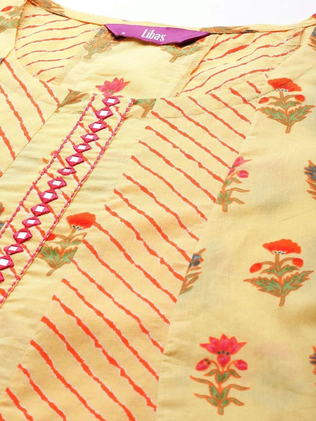 Yellow Printed Cotton Kurta - Libas