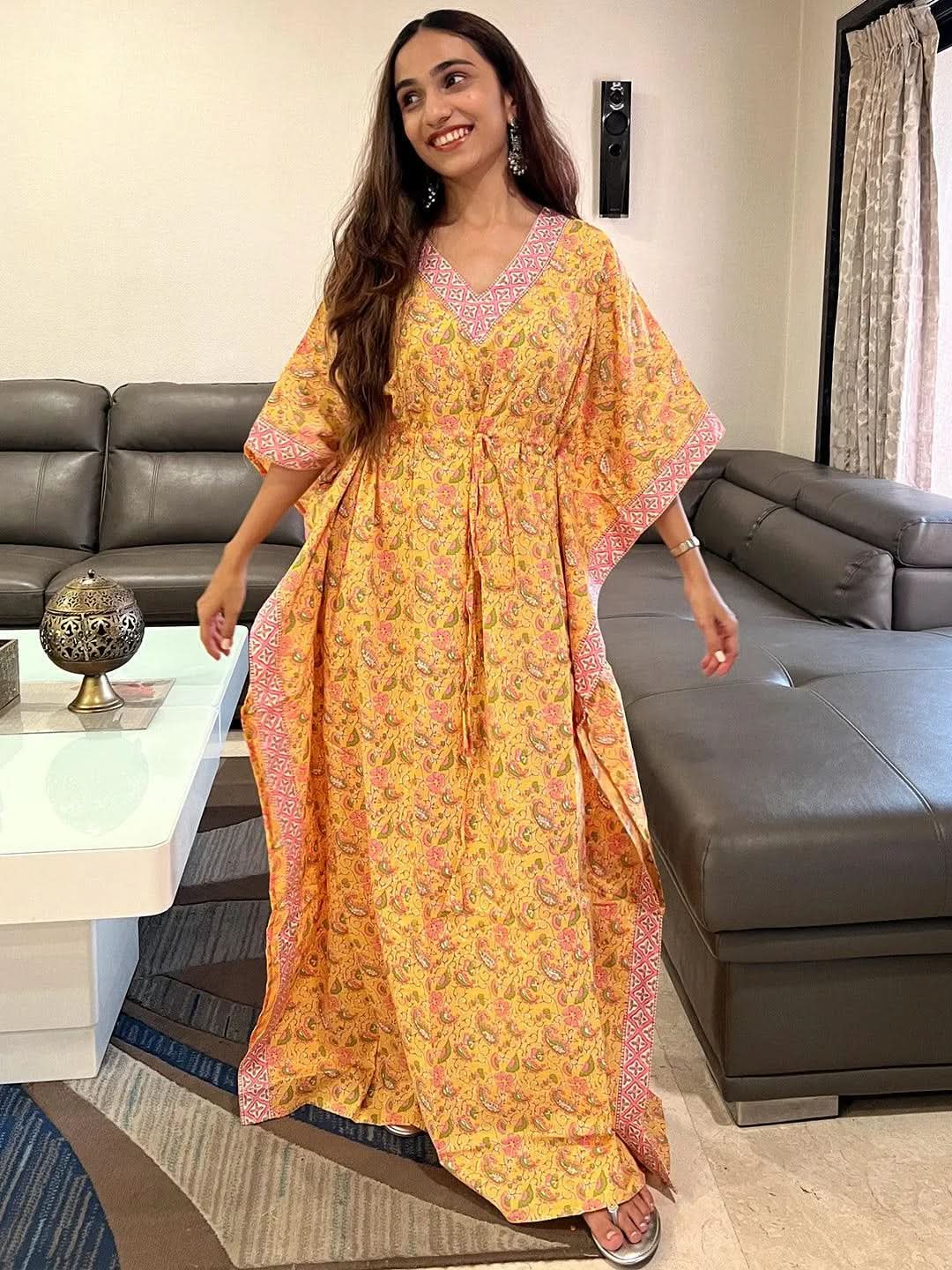 Yellow Printed Cotton Nightdress - Libas