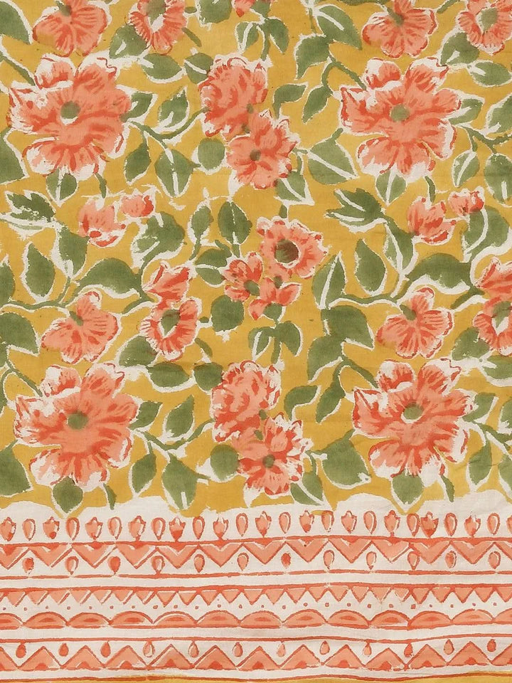 Yellow Printed Cotton Saree - Libas