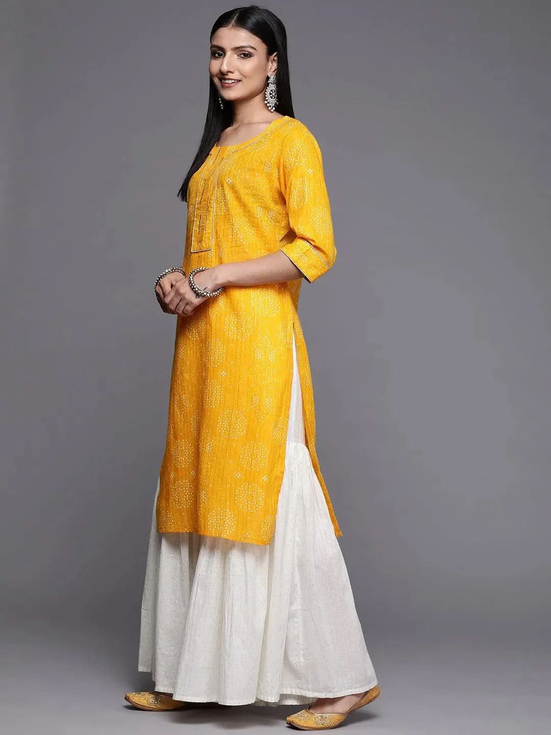 Yellow Printed Cotton Straight Kurta - Libas