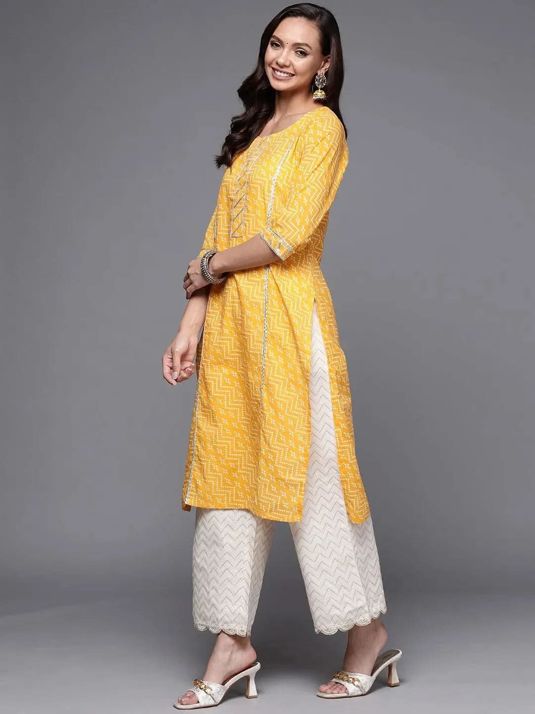 Yellow Printed Cotton Straight Kurta - Libas