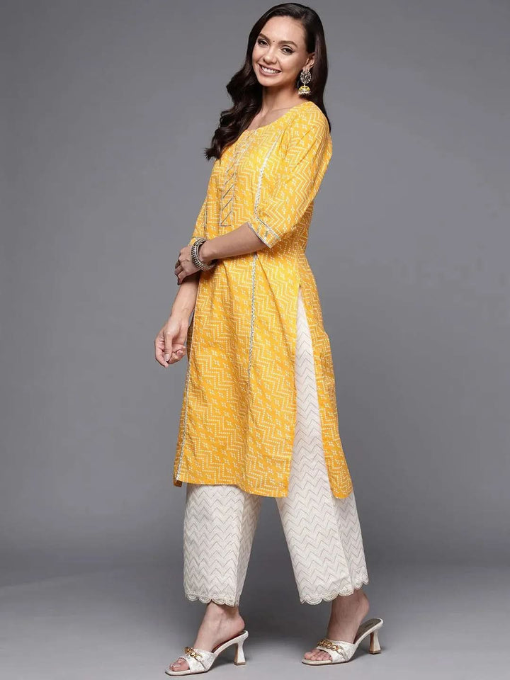 Yellow Printed Cotton Straight Kurta - Libas