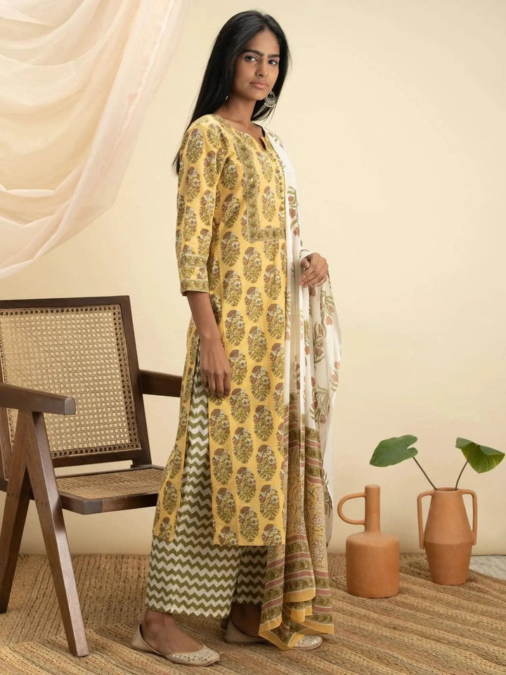 Yellow Printed Cotton Suit Set - Libas