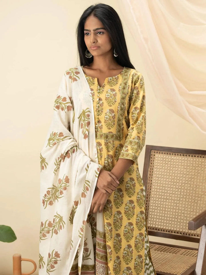 Yellow Printed Cotton Suit Set - Libas
